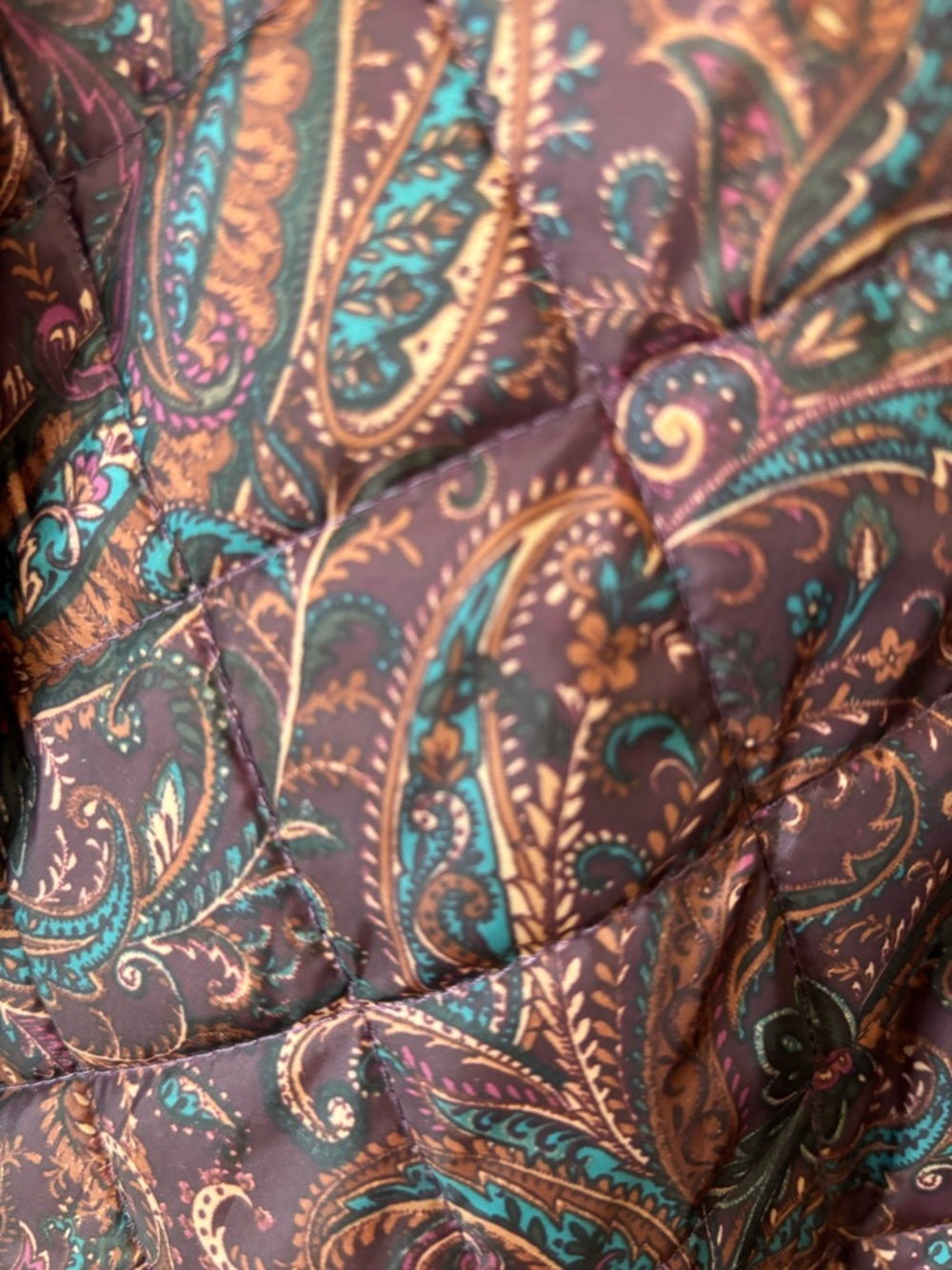 Talbots Quilted Paisley Puffer Jacket - Burgundy with Teal Accents - Picture 8 of 9